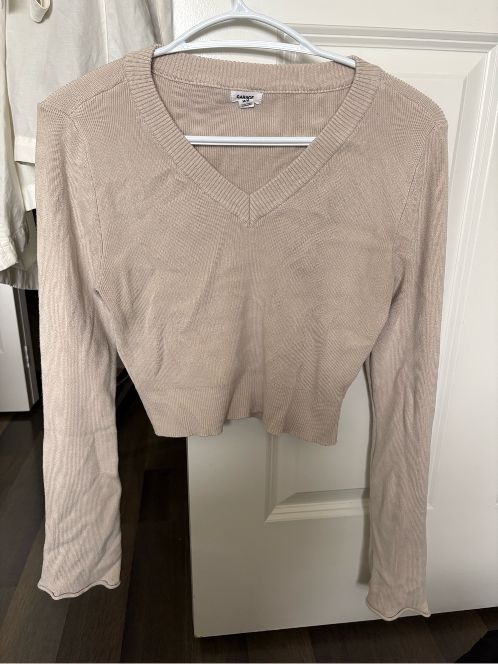 Garage Beige V-Neck Cropped Long Sleeve Sweater